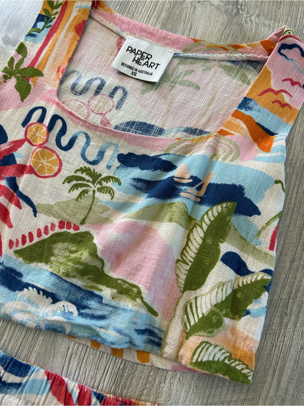 Paper Heart Tropical Print Linen Blend Two-Piece Crop Top and Shorts Set Summer - Picture 3 of 15